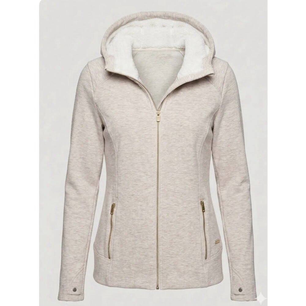 Athleta Luxe Stronger Hoodie Large Beige gray Sherpa Lined Full Zip 456789